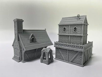 Medieval Miniature Building Terrain Set Compatible with Tabletop RPG War Games, Dioramas Building Set, Paintable, Gift for Tabletop Hobby Enthusiasts by HAUTICO (18mm Scale)