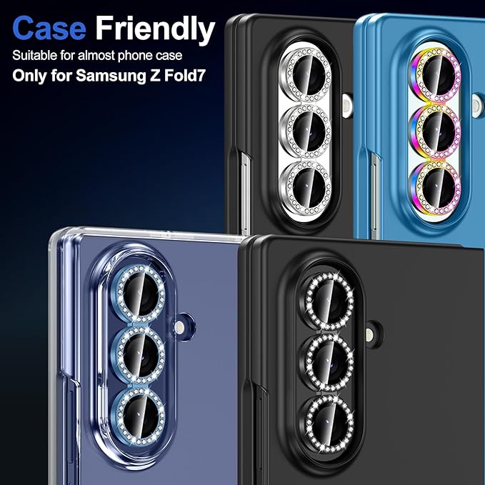 for Samsung Galaxy Z Fold 7 Camera Lens Protector, Individual Metal Ring Tempered Glass Lens Cover, [Strong Adsorption] Scratch Resistant Ultra-Thin HD Clear Lens Cover, 1 Set-Colorful Diamond
