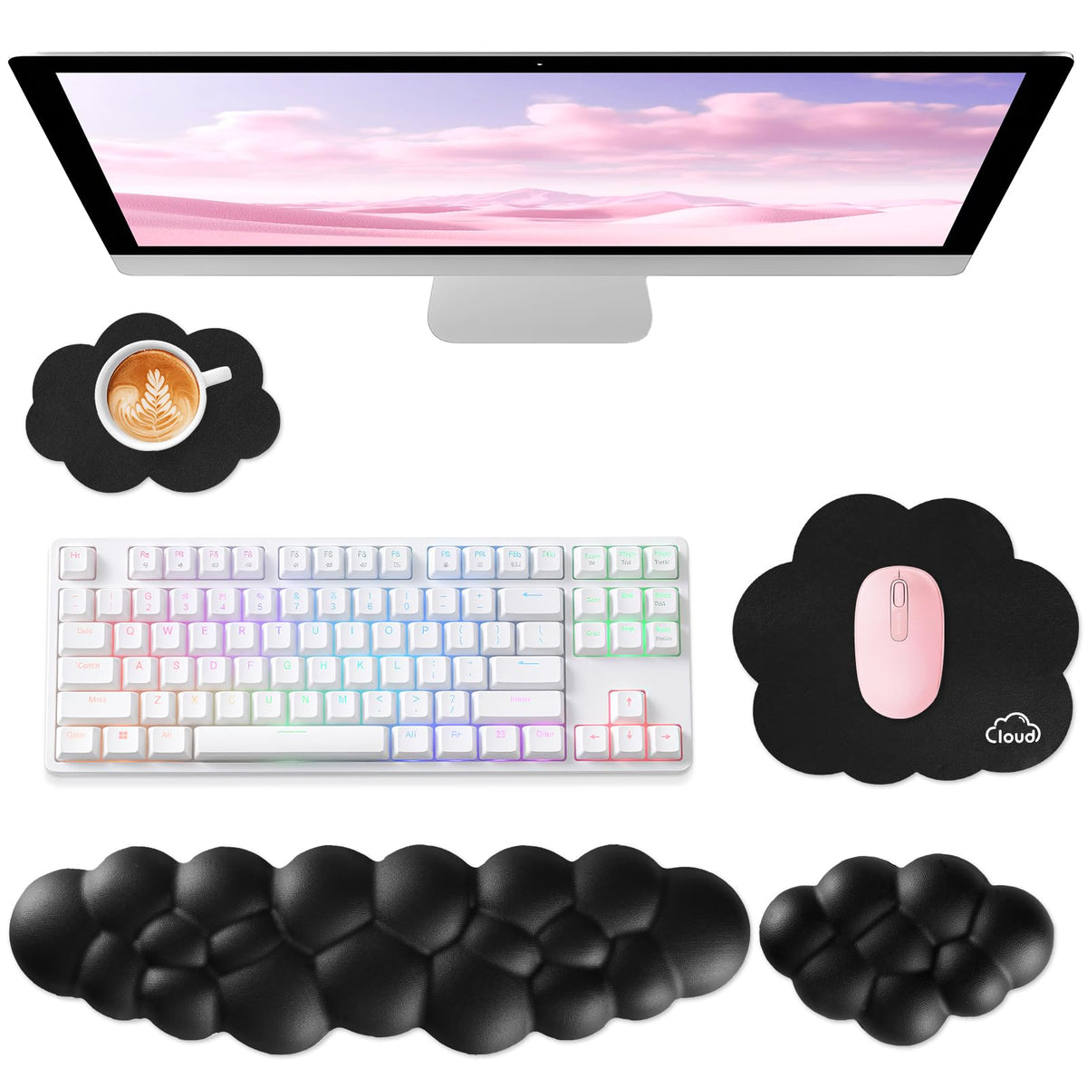 Sushret Cloud Wrist Rest for Computer Keyboard and Mouse Pad Set, Pink