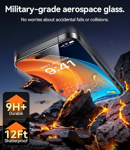 TORRAS 12FT Military-Grade Shatterproof for iPhone 16e/14/13 Pro/13 Screen Protector [9H+ Durable＆ One-Pull Installation] Tempered Glass Screen Protector 16e/14/13 Pro/13 6.1″ 2 Pack