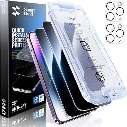 SMARTDEVIL 2+2Pack Privacy Screen Protector for iPhone 14 Pro with Camera Lens Protector,Shatterproof Tempered Glass [True 28°Anti Spy] [9H Hardness] [Automatic Dust-Elimination Install][Bubble Free]