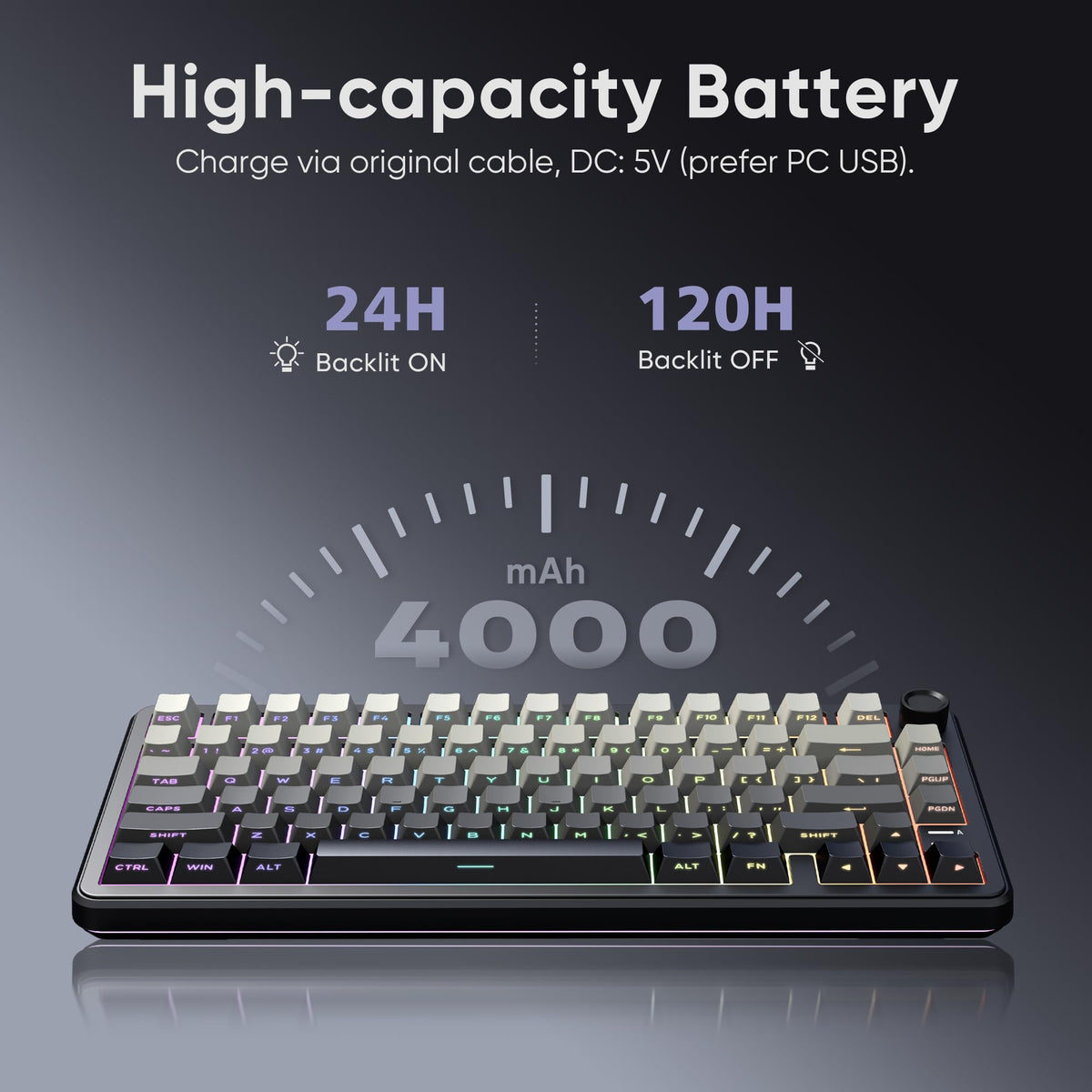 RedThunder K75 Wireless Mechanical Gaming Keyboard with Knob, 75% Layout Creamy Keyboard with Side RGB Light, Pre‑lubed Linear Switches, Side‑engraved PBT Keycaps, Wireless Wired BT 5.0, Gradient Gray