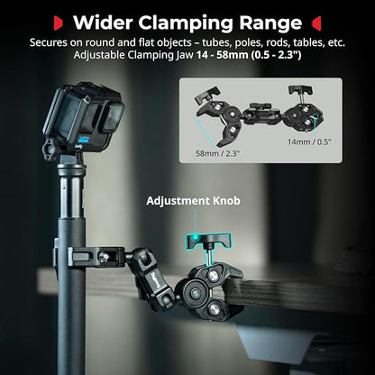 SMALLRIG Double Super Clamp Mount with Magic Arm, 360° Ballhead Pole Clamp for Umbrella, Chair Monitor Desk Photo Studio Light Stand, Photography Reflector, Motorcycle,Tripod Mount for Cross Bar