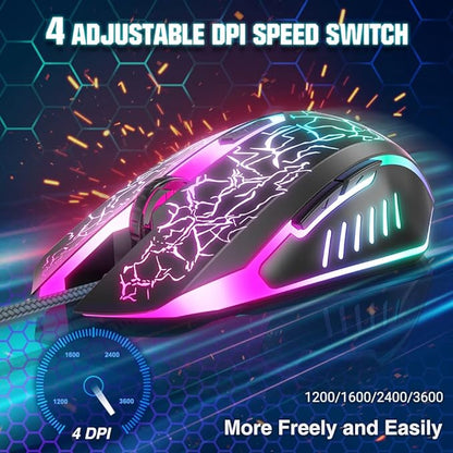 BENGOO Gaming Mouse Wired, Ergonomic Gamer Laptop PC Optical Computer Mice with RGB Backlit, 4 Adjustable DPI Up to 3600, 6 Programmable Buttons for Windows 7/8/10/XP Vista Linux -Black