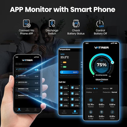 12V 200AH Bluetooth LiFePO4 Lithium Battery with Self-Heating, Built-in 200A BMS, Supports Low Temp Charging(-4°F), 5000+ Cycles, Perfect for RV/Camper, Solar, and Off-Grid Applications, etc.