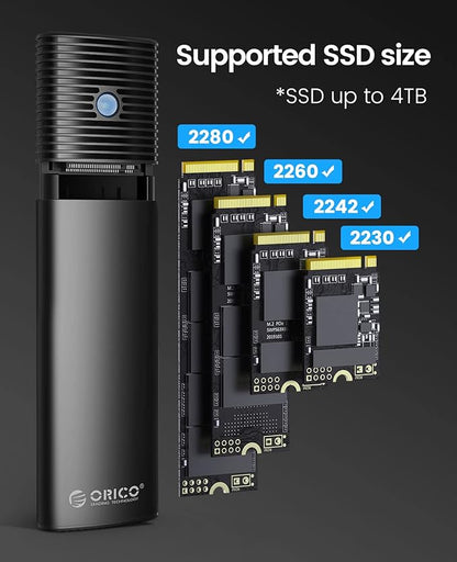 ORICO M.2 NVMe SATA SSD Enclosure Adapter Tool-Free, USB C 3.2 Gen 2 10Gbps NVMe, 5Gbps NGFF SATA PCIe M-Key(B+M Key) 2230/2242/2260/2280, Aluminum External M2 Reader Support UASP Trim- PWDM2-BK