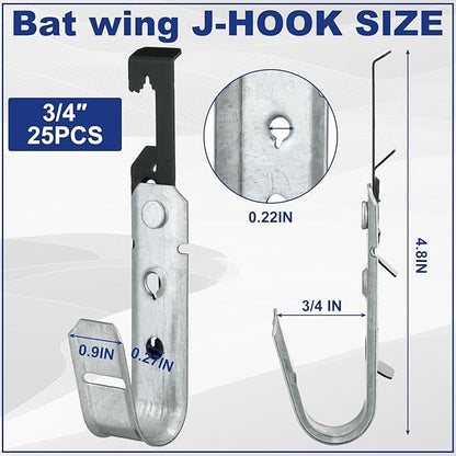Zonon 25 Pcs J Hooks for Hanging Metal J Hook Hangers Cable Support with Bat Wing Heavy Duty G60 Galvanized Steel Cable Hooks for Attaching Ceiling Wire Threaded Rod, Ul Certification(3/4 Inch)