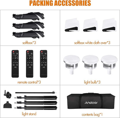 Andoer Softbox Photography Lighting Kit Professional Studio Equipment with 20"x28" Softbox, 2800-5700K 85W Bi-Color Temperature Bulb with Remote, Light Stand, Boom Arm for Portrait Product Shooting