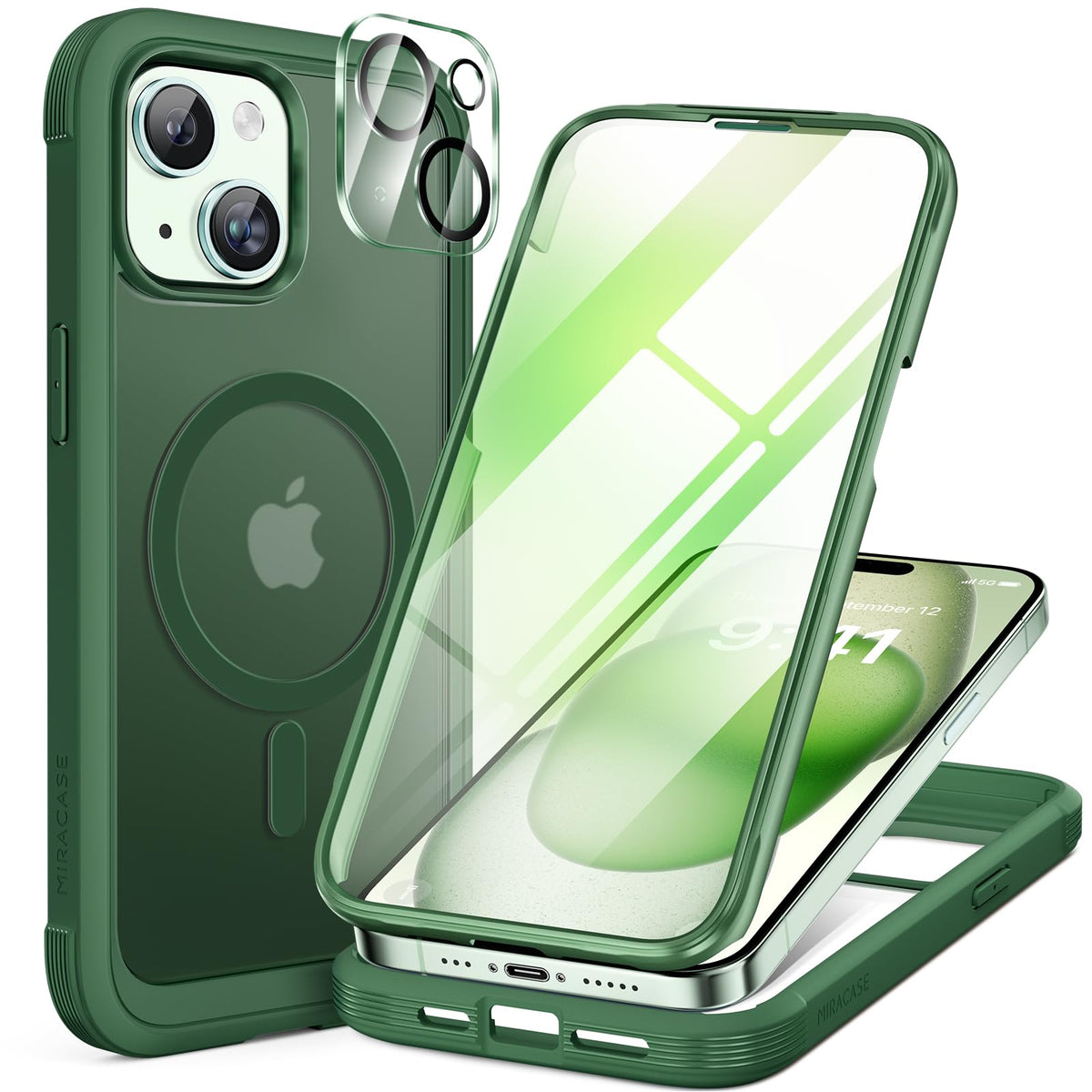 Miracase Glass Series for iPhone 15 Case [Compatible with MagSafe] Full-Body Magnetic Case with Built-in 9H Tempered Glass Anti-Fingerprint Screen Protector + Camera Lens Protector, Pink and Clear