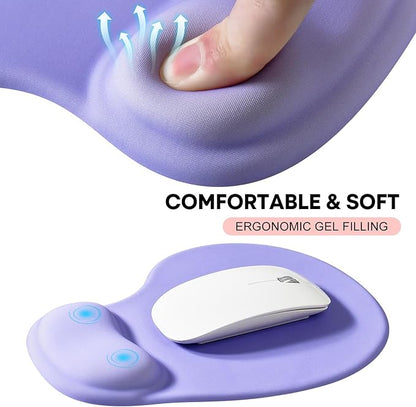 JIKIOU Mouse Pad, 2 Pack Ergonomic Mouse Pads with Comfortable Gel Wrist Rest Support and Smooth Cloth, Non-Slip PU Base for Easy Typing Pain Relief Durable and Easy to Clean Small Purple