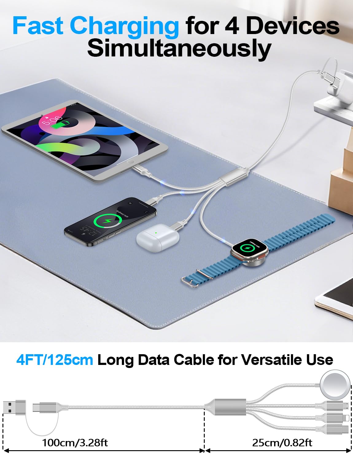 4-in-2 Multi Charging Cable for Apple Watch Charger/iPhone/Galaxy Charger