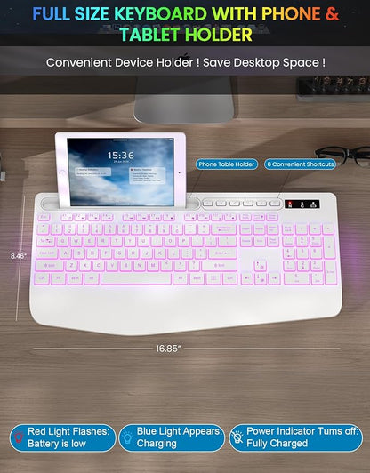 Wireless Keyboard with 7 Colored Backlit, Wrist Rest, Phone Holder, Rechargeable Ergonomic Computer Keyboard with Silent Keys, Full Size Lighted Keyboard for Windows, MacBook, PC, Laptop (White)