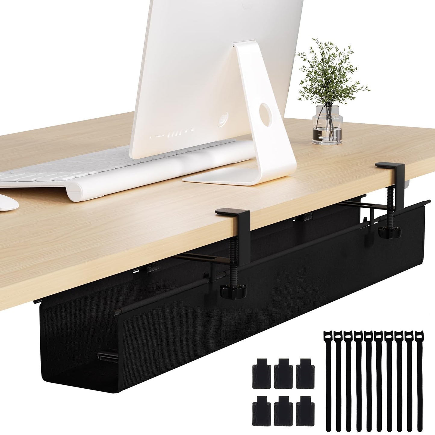 Under Desk Cable Management Tray 39.7" - No Drill Computer Wire Organizer Cable Tray, Cord Hider Clamp Mount with 16X Cable Ties PC Cables Management Cord Holder for Office/Home (Upgrade Fabric,Black)