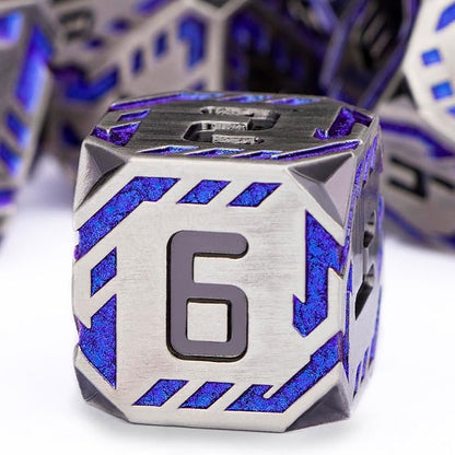 Metal DND Sci-fi Dice Set 7PCS Stripe Polyhedral Dice for Dungeons Dragons RPG Role Playing Game, Glitter D and D Dice with Gift Box D6 D8 D10 D12 D20 (Blue Purple&Grey)