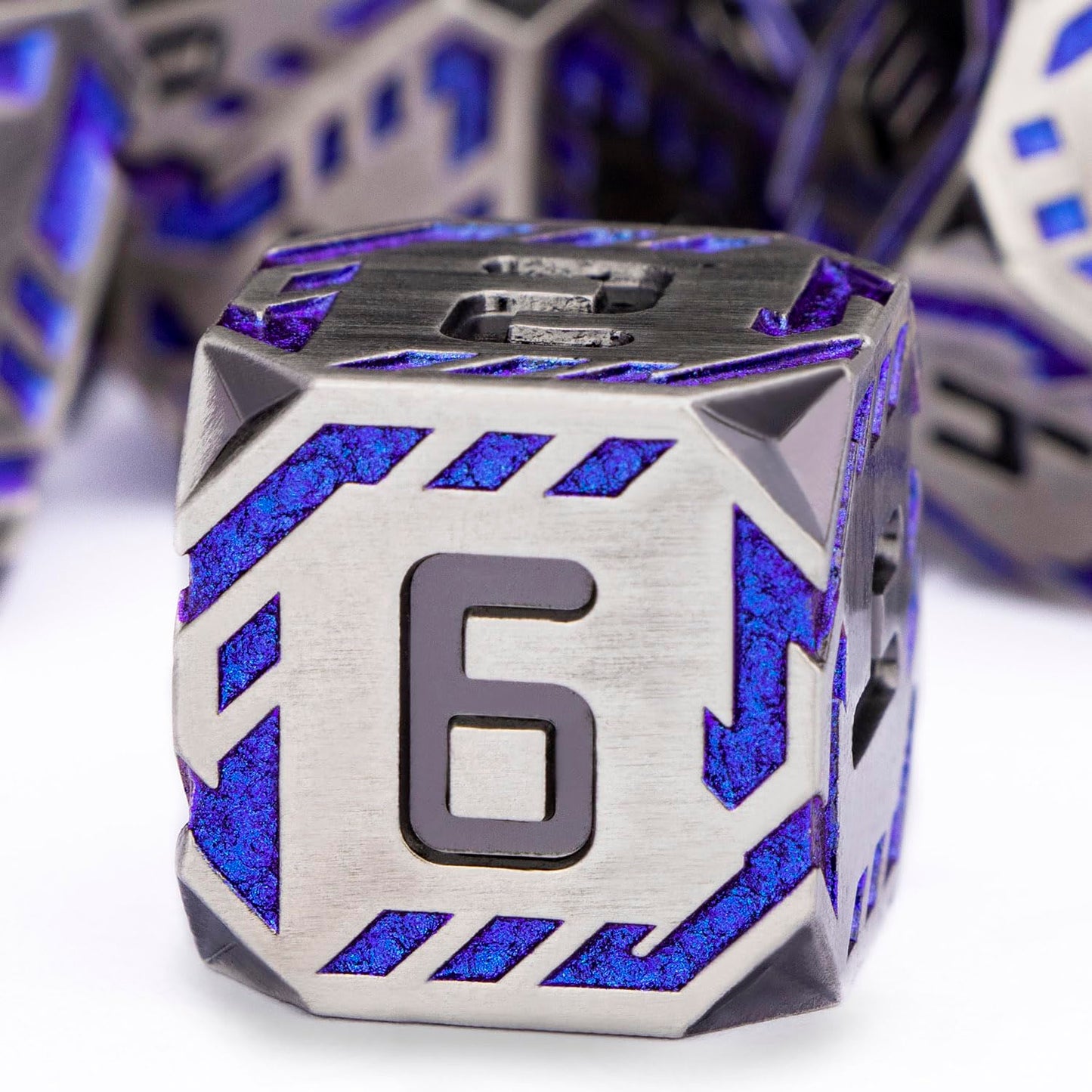 OGCOPHEN Metal DND Sci-fi Dice Set 7PCS Stripe Polyhedral Dice for Dungeons Dragons RPG Role Playing Game, Glitter D and D Dice with Gift Box D6 D8 D10 D12 D20 (Blue Purple&Grey)