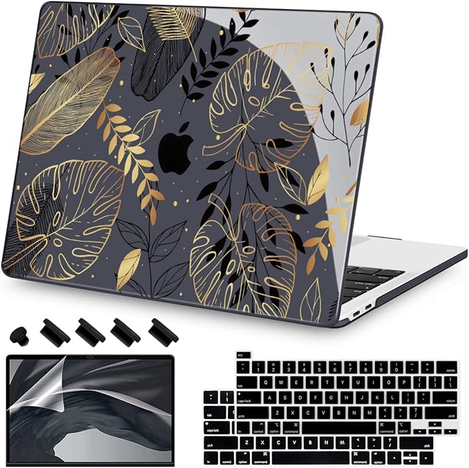 Teryeefi for MacBook Pro 13 inch Case M2 M1 2022 2020-2016 Release (Model A2338 A2289 A2251 with Touch Bar), Plastic Hard Shell Case & Keyboard Cover & Screen Protector, Golden Palm Leaves