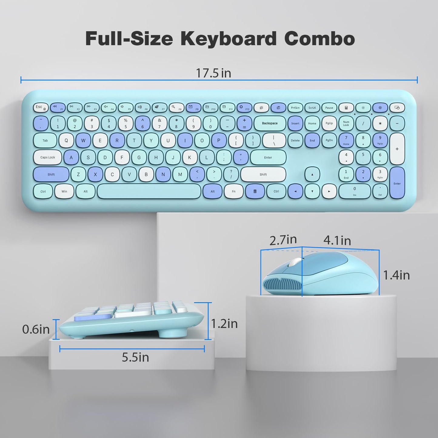 KNOWSQT Wireless Keyboard and Mouse Combo, Pale Blue Full-Sized 2.4G Silent Keycap Colorful Keyboards, USB Dongle Plug Play, Laptop, Windows, PC, Mac, Desktop