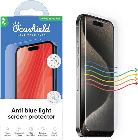 Ocushield Anti Blue Light Tempered Glass Screen Protector of iPhone 15 Pro Max (6.7") – Blocks Blue Light, Prevents Eye Strain & Helps You Sleep Better, 9H Hardness & Case Friendly