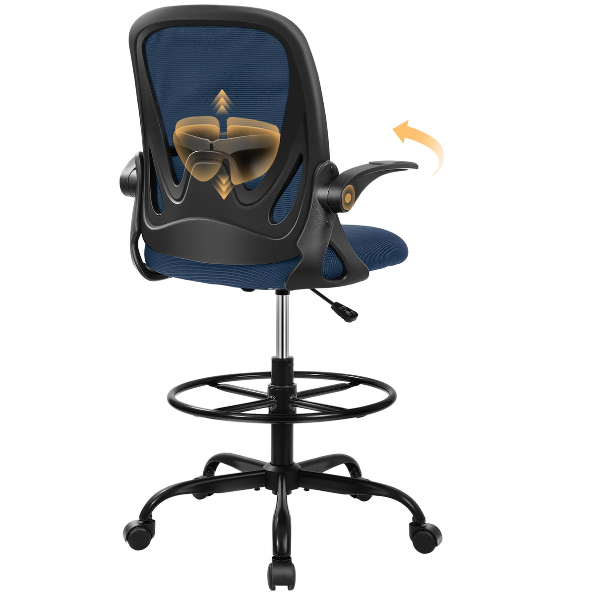 Drafting Chair Tall Office Chair with Flip-up Armrests, Adjustable Height, and Enhanced Lumbar Support - Ergonomic Rolling Stool, Back Support, and Adjustable Foot Rest Ring Light Blue