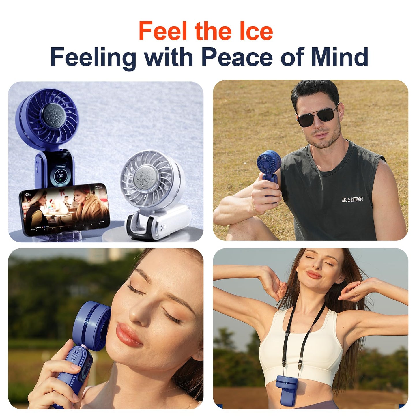 GZEduld Quiet Personal Handheld Fan with Stand & Lanyard, 5000mAh USB-C Rechargeable Battery, 12H Runtime 5-Speed LED Display Mini Cool Fan for Travel Beach Concerts Outdoor Events（Blue）