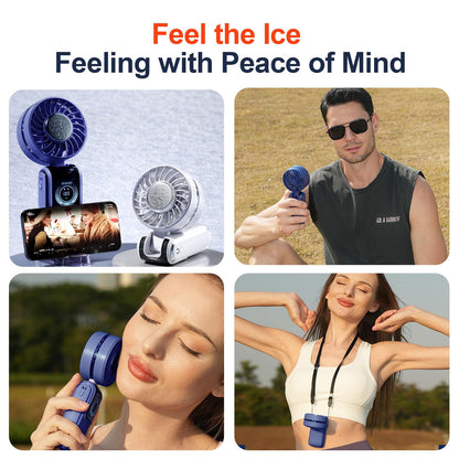 GZEduld Quiet Personal Handheld Fan with Stand & Lanyard, 5000mAh USB-C Rechargeable Battery, 12H Runtime 5-Speed LED Display Mini Cool Fan for Travel Beach Concerts Outdoor Events（Blue）