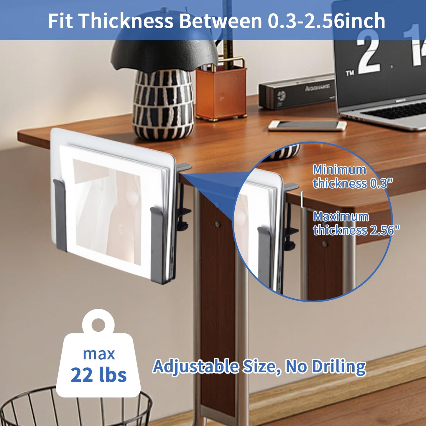 LUKETURE Adjustable Side Laptop Mount, No Drill Laptop Holder, Under Desk Storage, Clamp-On Laptops Stands, Desk Side Mount for Laptops, Mac mini, Keyboard with Anti-Scratch Silicone