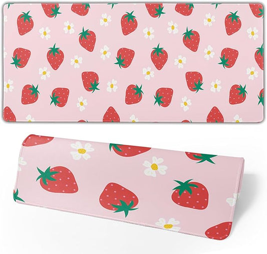 Gaming Mouse Pad Strawberry Desk Mat for Desktop Long Computer Keyboard Desk Pad Mouse Mat with Non-Slip Rubber Base Stitched Edges for Computer Home Office Gaming 31.5×11.8