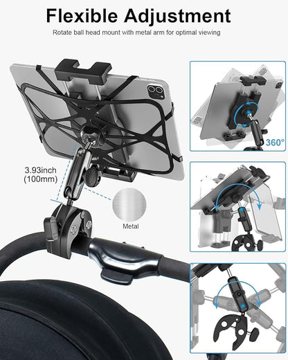 Metal iPad Tablet Mount for Boat Helm, Wheelchair Pole, Golf Cart, Stroller, Mic Stand, Fitness Bike, Road Mountain Bicycle - 360° Adjustable Handlebar Clamp for 4.7-13" iPad Pro, Air, Mini, Galaxy