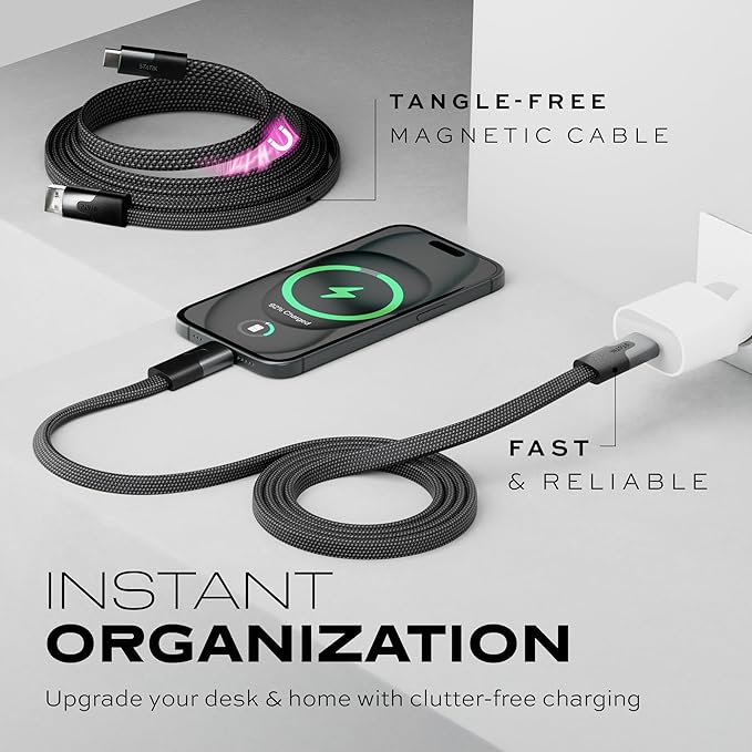 Statik MagStack USB to USB C Cable, Magnetic Anti Tangle Flat A to Type C Charger Fast Charging Cord, Magnetic Charging Cable, Compatible with iPhone 16 Pro Max, Galaxy S24 Ultra, 27W 3FT/1M, 3-Pack
