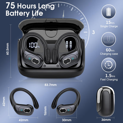 Wireless Earbuds 75H Bluetooth 5.4 Sport Headphones with Earhooks, Black