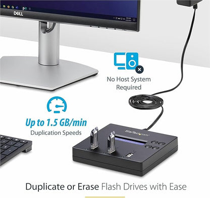 StarTech.com Standalone 1 to 2 USB Flash Drive Duplicator / Cloner / Eraser, Multiple USB Thumb Drive Copier / Sanitizer, System File / Sector-by-Sector Copy, 1.5 GB/min, 3-Pass Erase, LCD, TAA