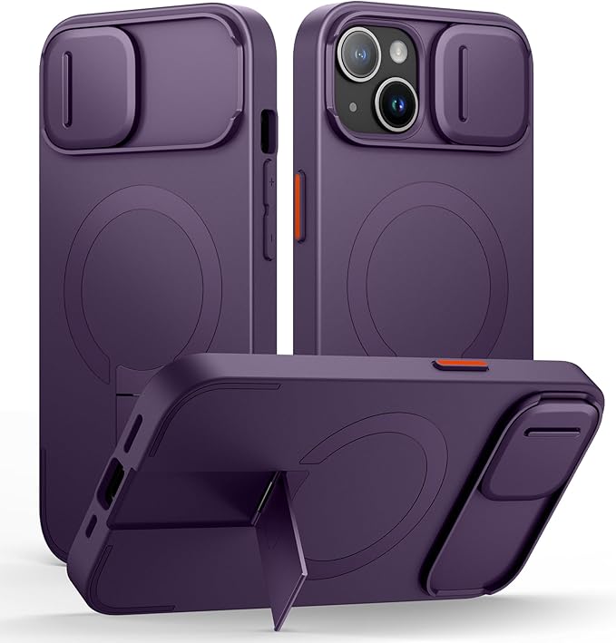 SURITCH for iPhone 15 Case with Magnetic Camera Slide Cover and Adjustable Kickstand, Compatible with MagSafe, Shockproof Bumper Case Slim Protective Cover 6.1 Inch, Dark Purple