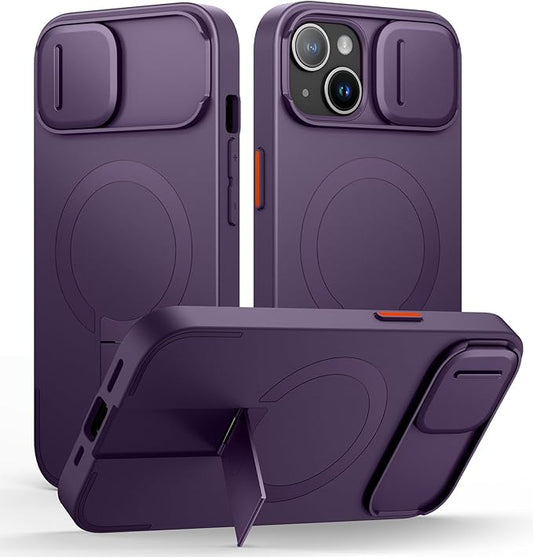 SURITCH for iPhone 15 Case with Magnetic Camera Slide Cover and Adjustable Kickstand, Compatible with MagSafe, Shockproof Bumper Case Slim Protective Cover 6.1 Inch, Dark Purple