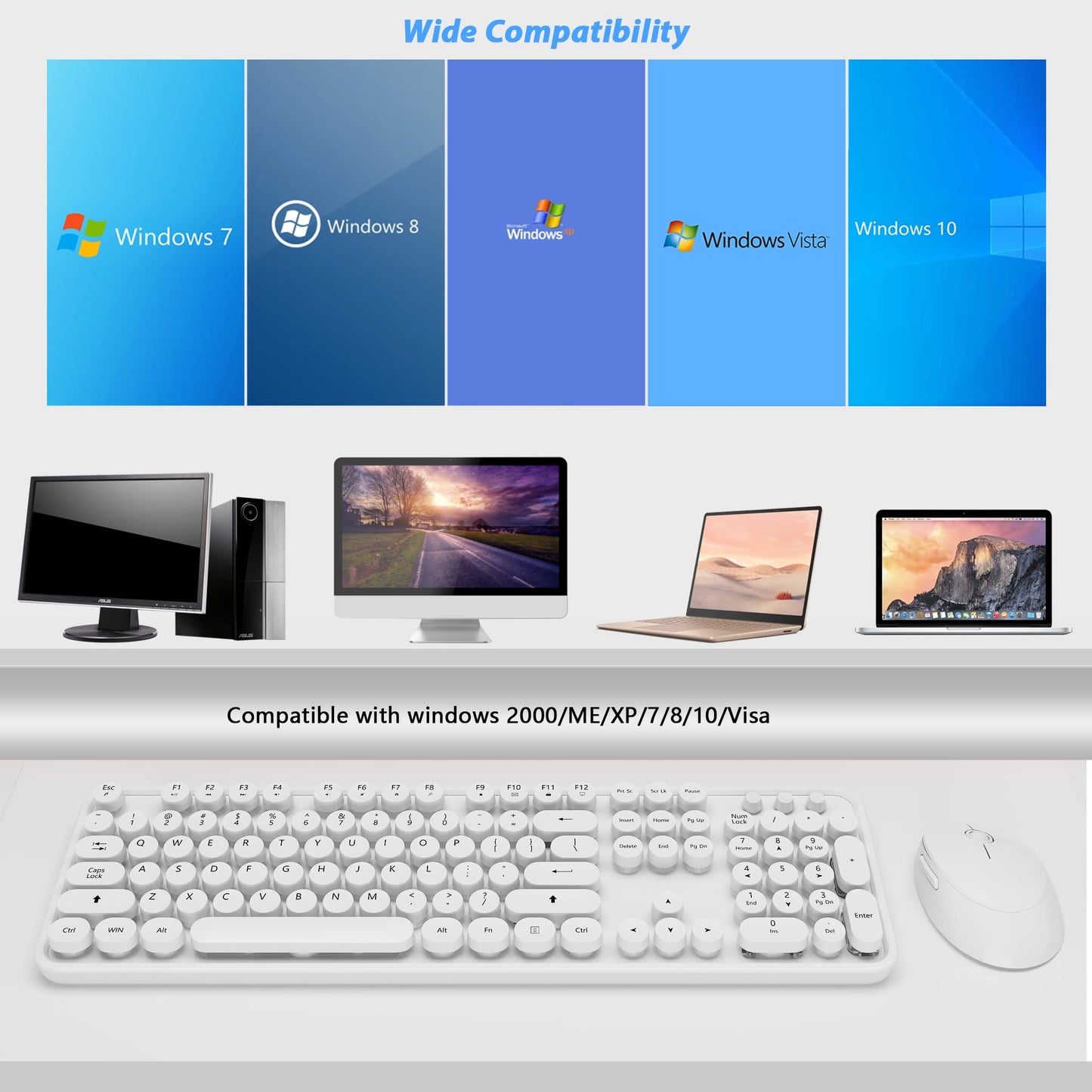 Wireless Keyboard Mouse Combo,104 Keys Cute Colorful Typewriter White