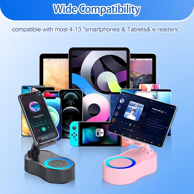 Gifts for Men Women,Cell Phone Stand with Wireless Bluetooth Speaker,Colorful Ambient Light 360° Foldable for Tablet iPhone Android 2 Wireless Microphones HD Surround Sound (Pink)