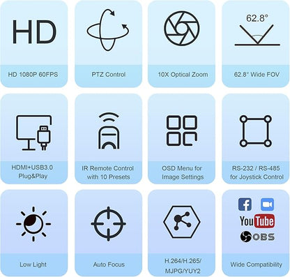 PTZ Camera HDMI/USB 10X Optical Zoom 60fps 1080P Video Conference Camera for Church Worship Live Streaming Meeting Online Learn with Zoom YouTube OBS and More