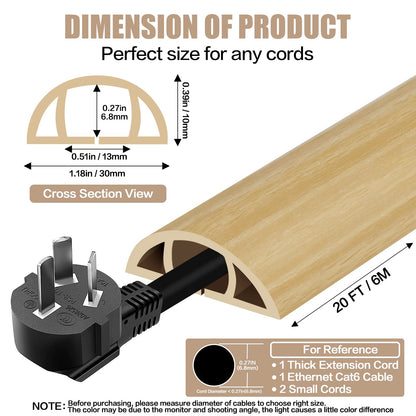 Floor Cord Cover Self Adhesive Cord Hider,20FT Cable Management, Extension Strip Protector for Wires, Prevent Cable Trips for Offices, Gyms, Exhibitions Cavity:0.39"(W) x 0.27"(H) WoodLightyellow