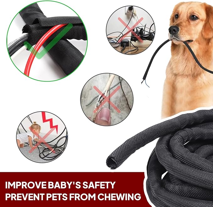 Black Braided Cable Management Sleeves Wire Loom Tubing Cord Protector Self-Wrapping (3/8"-12Feet)