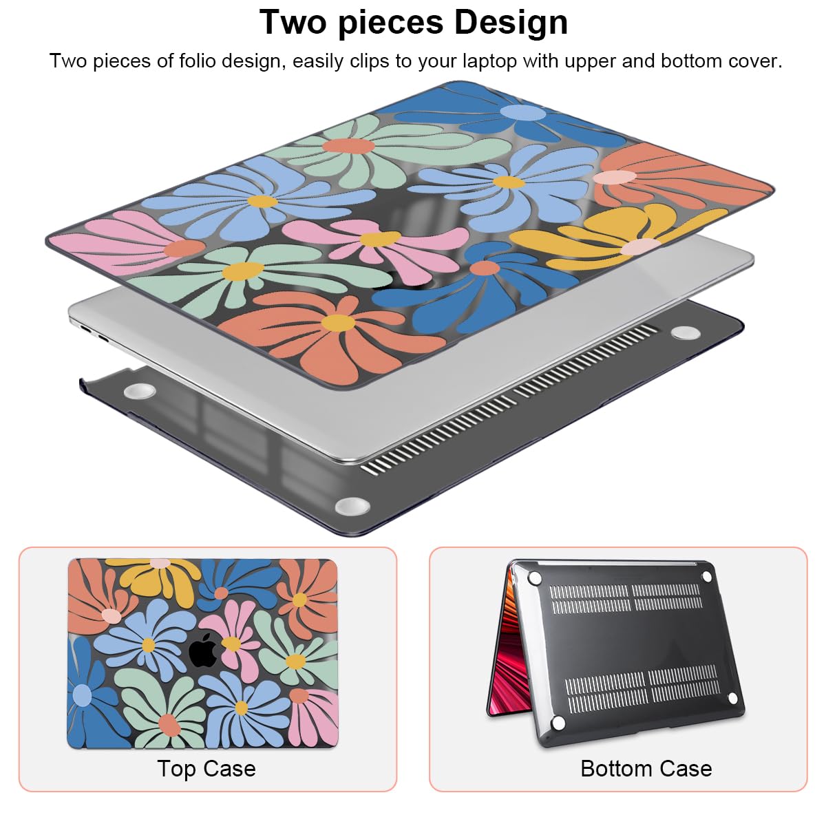 LCMOCICO Compatible with 2021 2020 2019 2018 MacBook Air 13 inch Case M1 A2337 A2179 A1932 Touch ID, Crystal Printed Pattern Plastic Hard Shell Case for Mac Air 13 M1 2021, Colorful Flowers Black