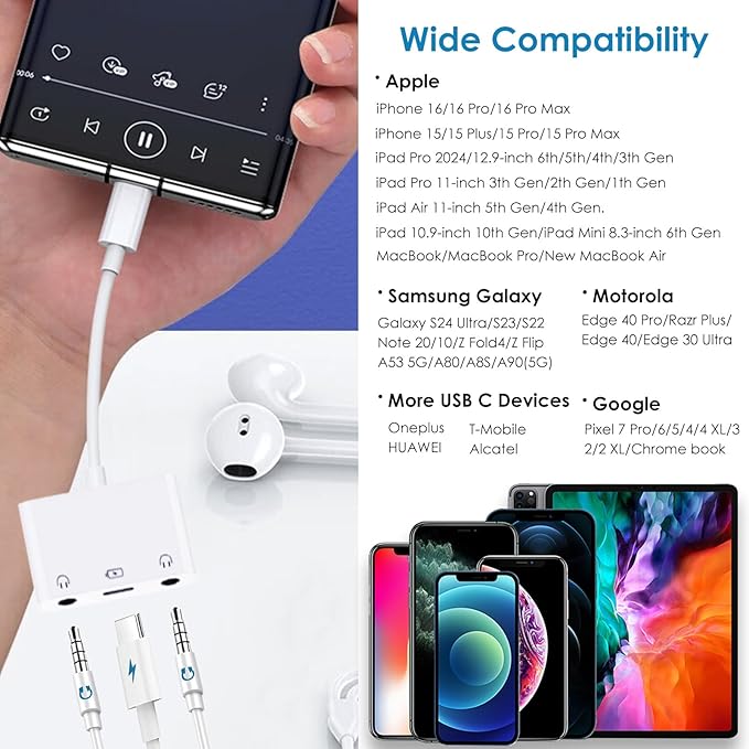 USB C to 3.5mm Audio Adapter, 3-in-1 Aux to USB C Headphone Splitter with PD Fast Charging, 3.5mm to USB C Headphone Jack Adapter Compatible with iPhone 15/16, iPad Pro, Galaxy S24/S23, and More