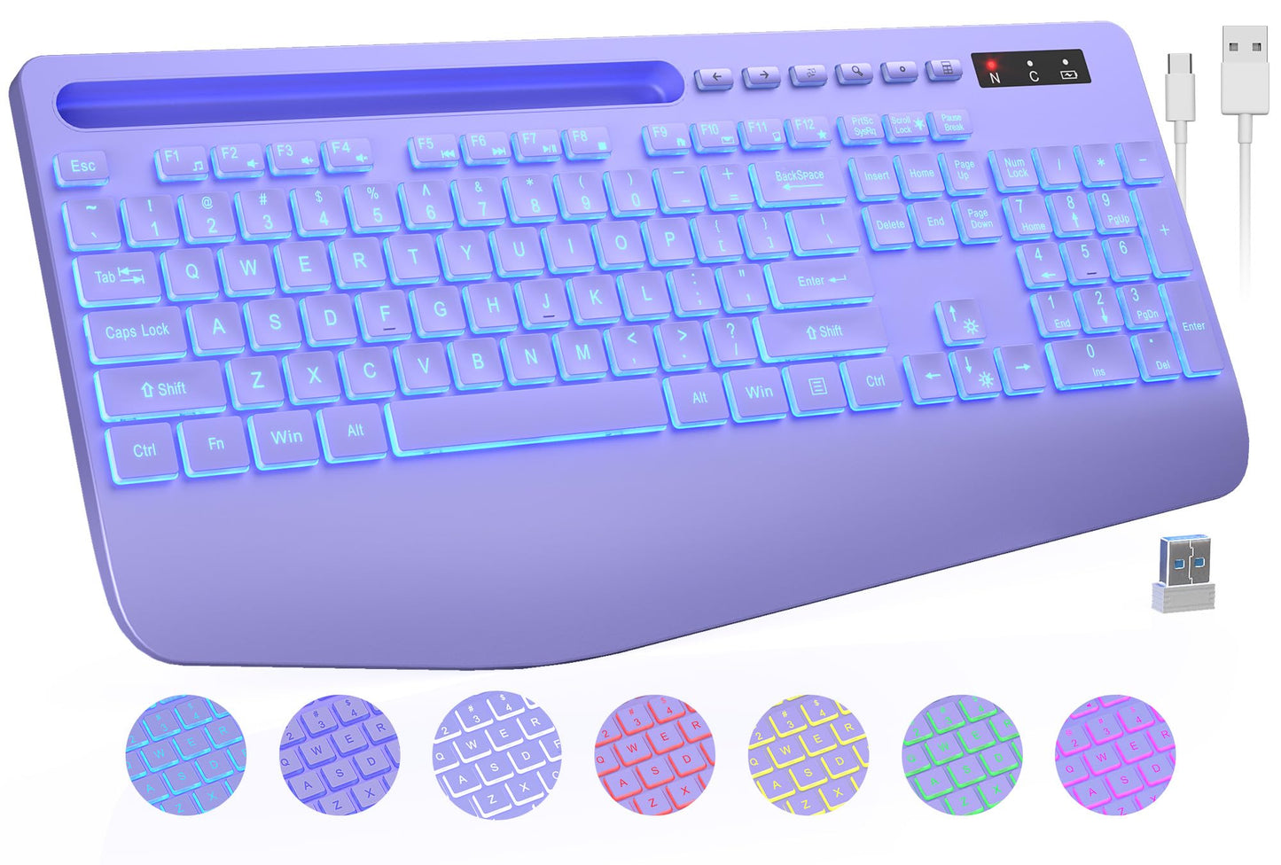 Wireless Keyboard, 7 Colored Backlits, Wrist Rest, Phone Holder-Purple