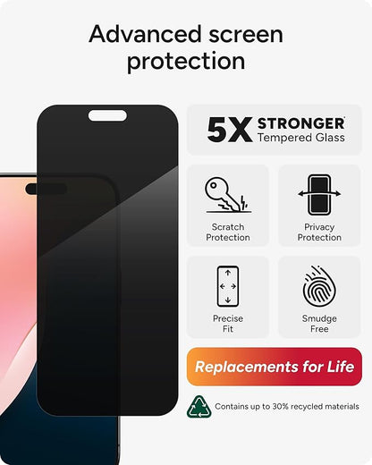 ZAGG InvisibleShield Glass Elite Privacy iPhone 15 Pro Screen Protector - 5X Stronger with Reinforced Edges, 2-Way Privacy Filter, Scratch & Smudge-Resistant Surface, Easy to Install