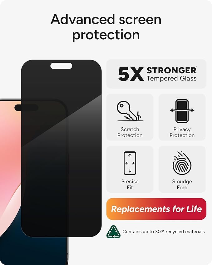 ZAGG Glass Elite Privacy Screen Protector for iPhone 16 Pro - 2-Way Privacy Filter, Ultra-Strong Tempered Glass, 5X Stronger, InvisibleShield, Smudge-Free, Easy Install, Recycled Content