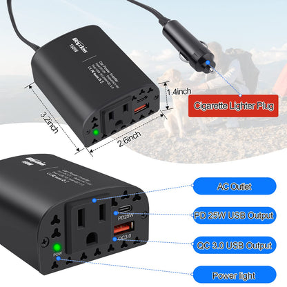 Bapdas 150W Car Power Inverter DC 12V to 110V AC Car Adapter for Plug Outlet with PD 25W &QC3.0 USB Ports Car Charger Adapter