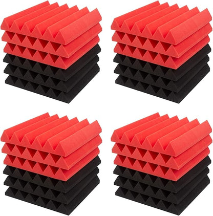 JBER 24 Pack Red and Charcoal Acoustic Panels Studio Foam Wedges Fireproof Soundproof Padding Black Wall Panels 2" X 12" X 12"…