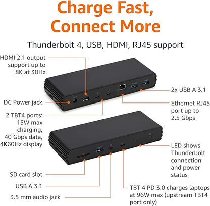 Amazon Basics Thunderbolt4/USB4 Pro Docking Station,2xTBT4,1xHDMI2.1,3xUSB A 3.1,RJ45,Dual Display, Black, 7.86 x 2.95 x 1.23 inches
