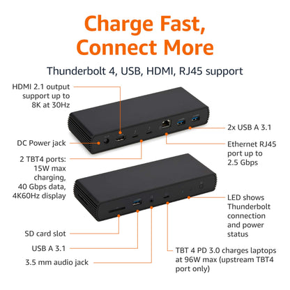 Thunderbolt 4 Pro Docking Station, Dual 4K Monitor Support, 8K Display, 2xTBT4, 1xHDMI2.1, 3xUSB A 3.1, RJ45 Ethernet, Black, 7.86 x 2.95 x 1.23 inches