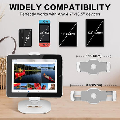 AboveTEK Upgraded Desktop Tablet Stand, 360° Swivel Tablet & Phone Desk Mount Holders for Any 4.7''-13.5'' Display iPad/Cell Phones, Stylish & Sturdy Stands for Store Office Showcase Reception (White)