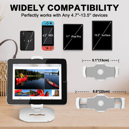 AboveTEK Upgraded Desktop Tablet Stand, 360° Swivel Tablet & Phone Desk Mount Holders for Any 4.7''-13.5'' Display iPad/Cell Phones, Stylish & Sturdy Stands for Store Office Showcase Reception (White)