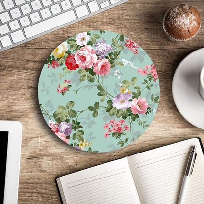 Mouse Pad, Mint Floral Teal Mouse Pad, Washable Round Mousepad with Lycra Cloth, Non-Slip Rubber Base Small Wireless Mouse Pads for Office Laptop